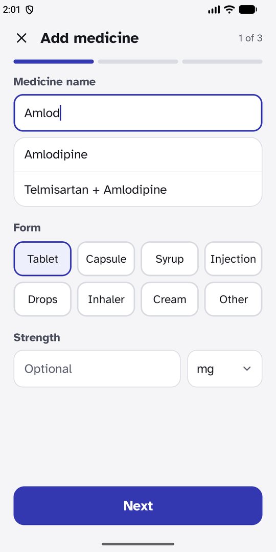 Adding a medicine: typing Amlod suggests Amlodipine.