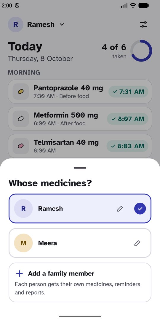 Choosing whose medicines to show: Ramesh or Meera, or add a family member.