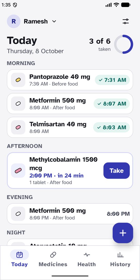 The Today screen: morning doses ticked off, the 2:00 PM dose due in 24 minutes with a Take button.